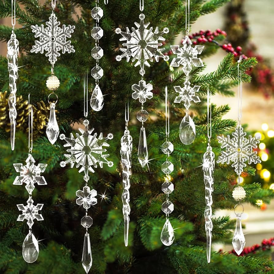 18pcs Crystal Christmas Ornaments for Tree Decorations-Hanging Acrylic Snowflake Icicle Ornaments... | Amazon (US)