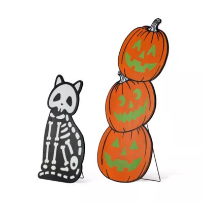 Glitzhome S/2 24"H & 36"H Halloween Wood Skeleton Cat and Stacked Pumpkin Porch Decor | Belk