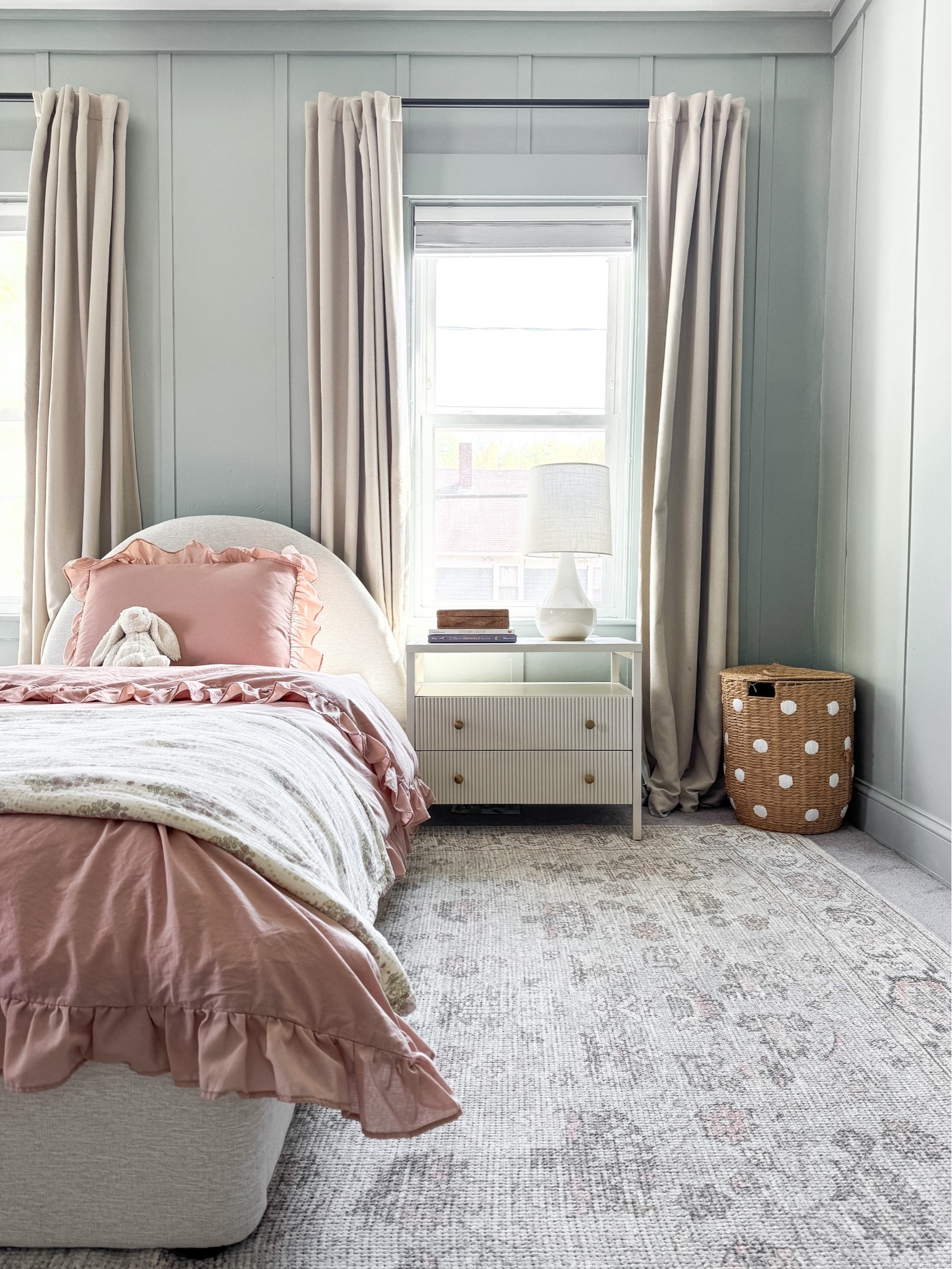 The perfect rug for a kids room or playroom. Big girl room painted blue. White nightstand, twin bed, kids bedding.

#LTKSaleAlert #LTKHome #LTKKids