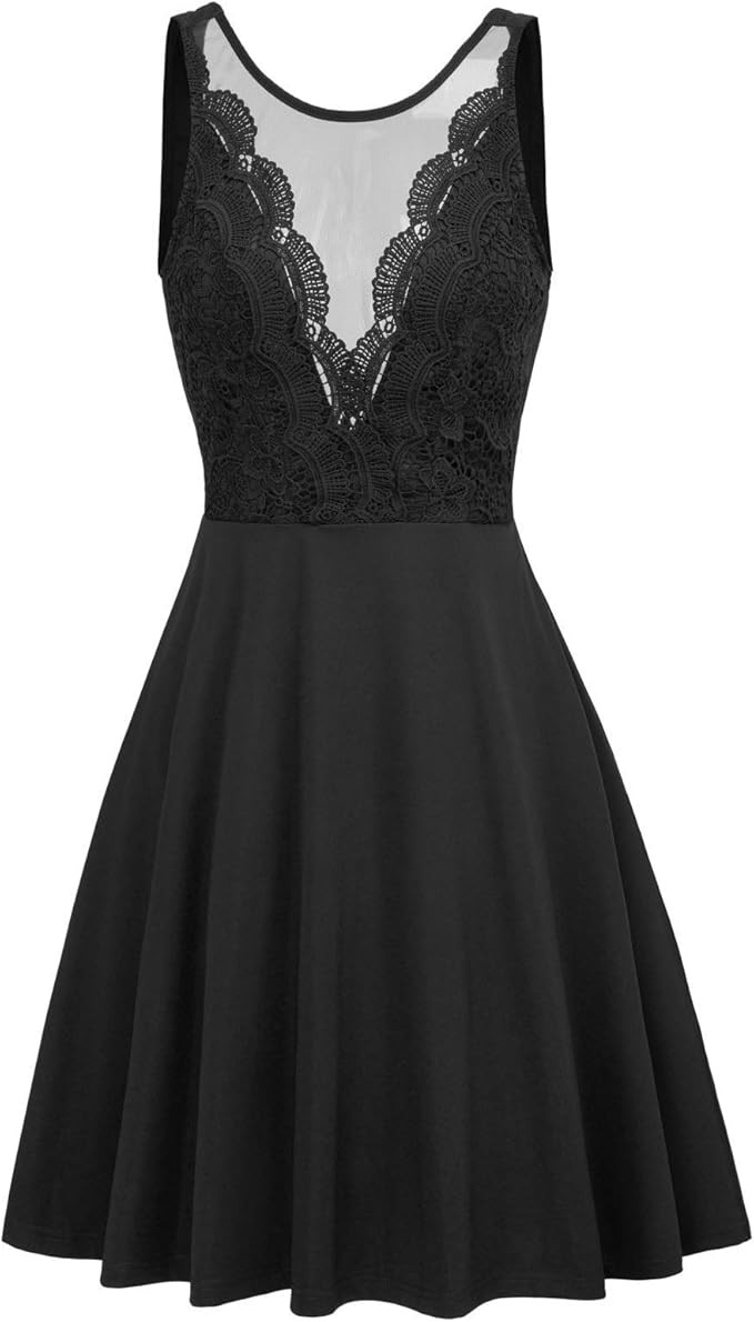 GRACE KARIN Women Sleeveless Lace Patchwork Deep V-Neck A Line Flared Party Dress | Amazon (US)