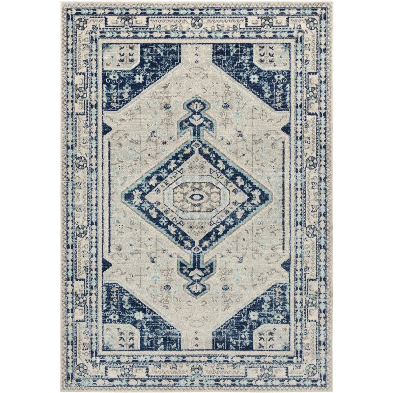Wolfgram Distressed Global-Inspired Dark Blue/Aqua/Beige Area Rug | Wayfair North America