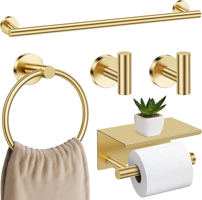 Brushed Gold Bathroom Hardware Set, 5 Pieces Gold Towel Bar Bathroom Accessories, Upgraded Toilet... | Amazon (US)