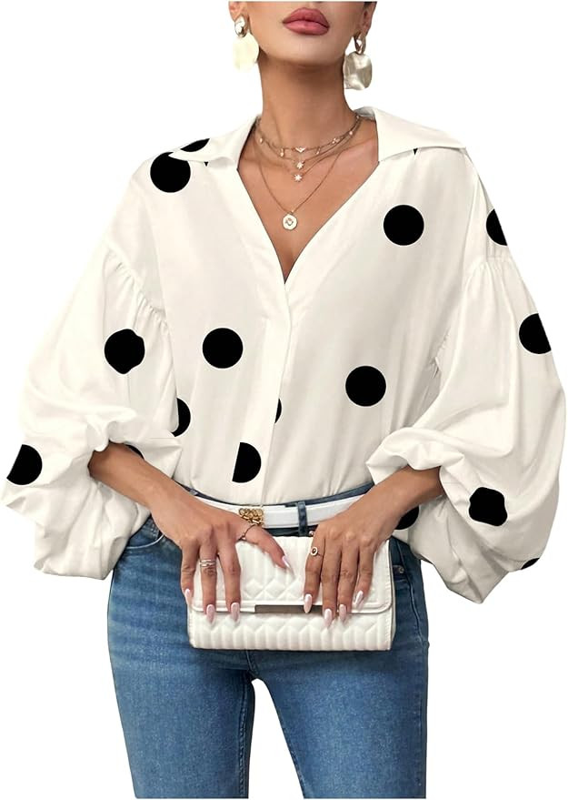 WDIRARA Women's Polka Dots Long Lantern Sleeve Blouse Collared V Neck Top Shirts | Amazon (US)