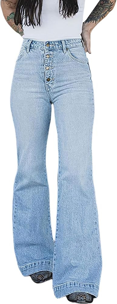 Women's Vintage High Waisted Button Up Bell Bottom Jeans Mom Skinny Plus Size Flare Jeans for Wom... | Amazon (US)