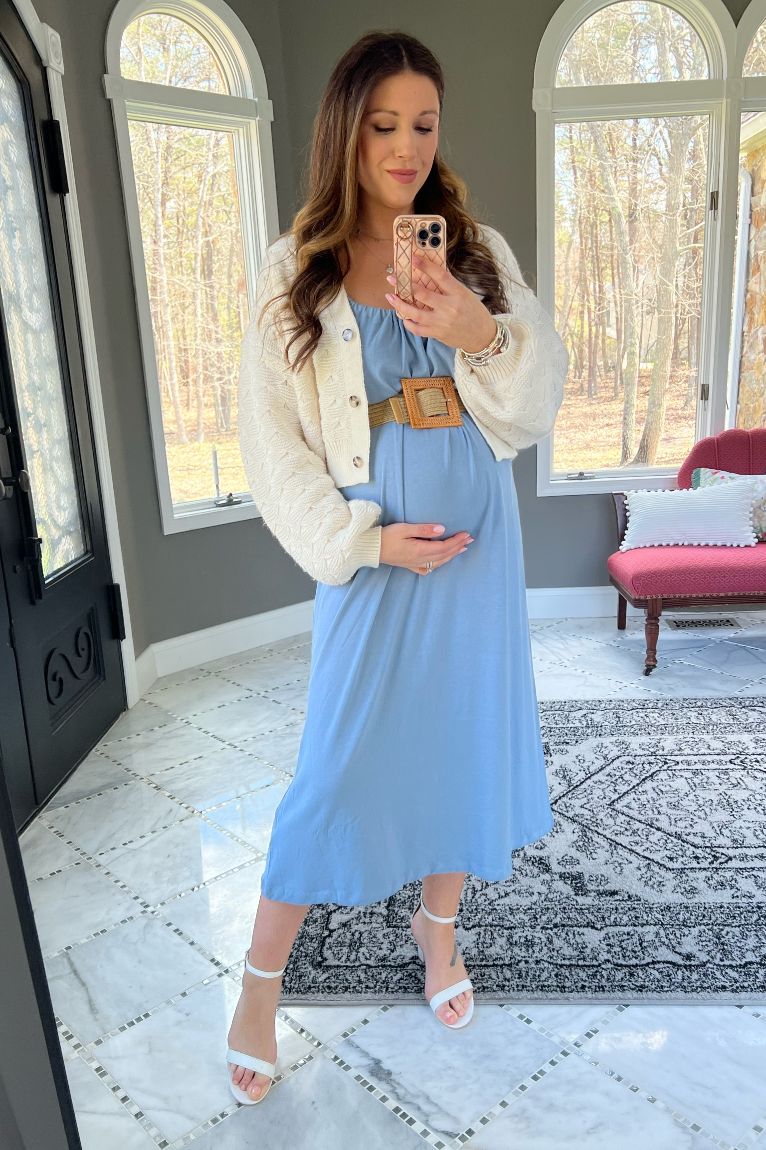 Easter outfit idea, Easter dress, spring dress, blue dress, bump friendly dress, woven belt, white cardigan, cardigan outfit ideas, midi dress, flowy dress, h&m finds, h&m dress, dress sandals, low heel sandal, LTK bump, church outfit, classy style, Easter looks, outfit ideas, ootd, dressy casual, elevated casual, amazon blazer, amazon sandals, amazon shoes, bump friendly outfit, bump friendly dress, maternity style, spring pregnancy look, pregnant ootd 

#LTKunder50 #LTKSeasonal #LTKbump