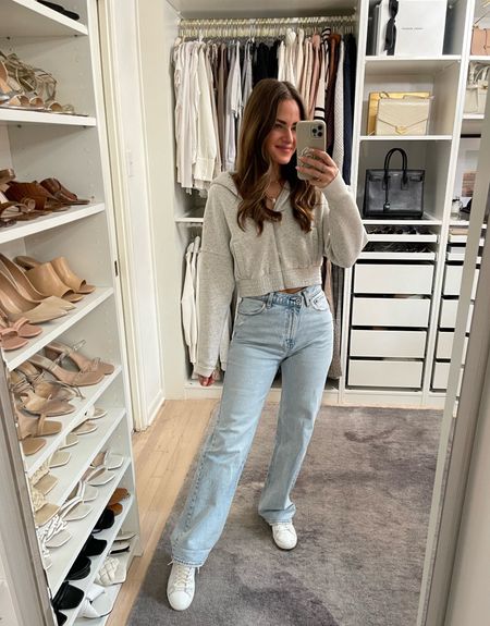 Casual weekend outfit inspo. Wearing a S in the jacket & a 26R in the jeans. Sneakers for TTS. My jeans are also currently 25% off with an additional 15% off when you use code DENIMAF. // Abercrombie jeans, Abercrombie outfit, spring outfit, casual outfit