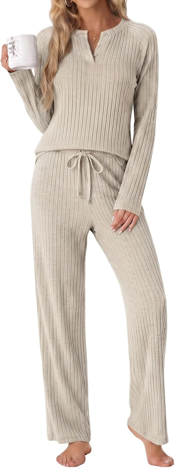 PrinStory Womens Ribbed Pajama Sets Winter Pjs 2 Piece Lounge Set | Amazon (US)