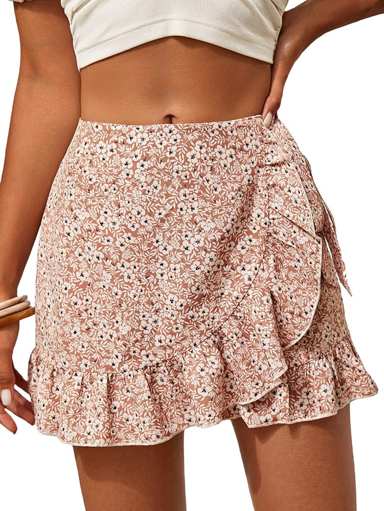 MakeMeChic Women's Boho Floral Print Elastic Waist Ruffle Wrap Tie Skorts Skirt Skorts | Amazon (US)