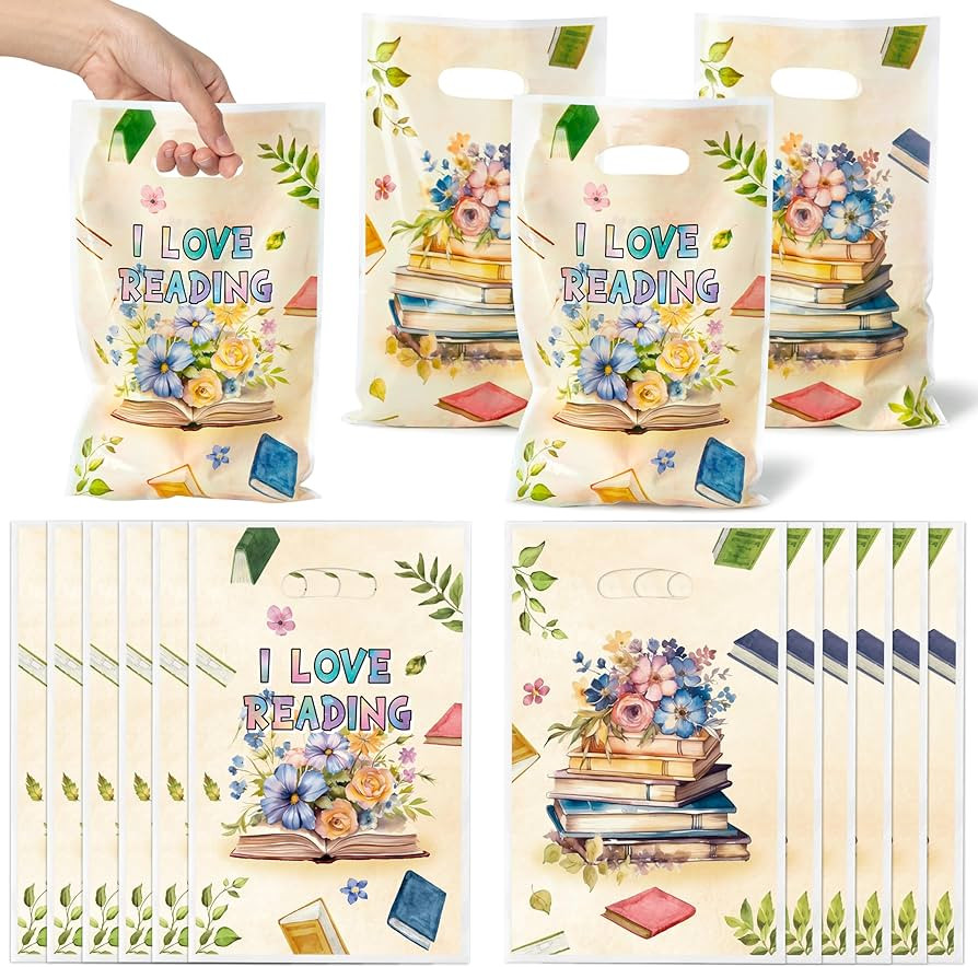 Book Party Favor Bags - 50Pcs Plastic Reading Book Gift Bags with Handles Floral Snack Candy Good... | Amazon (US)