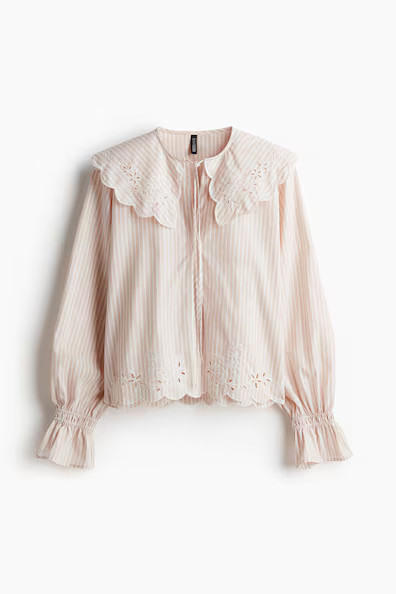 H & M - Embroidered Blouse with Peter Pan Collar - Pink | H&M (US + CA)