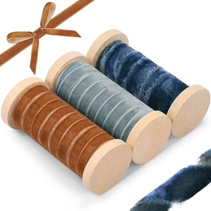 Preboun 3 Rolls Silk Velvet Ribbon for Gift Wrapping 3/8 x 20Yd Solid Thin Ribbon and 1 x 3Yd Fri... | Amazon (US)