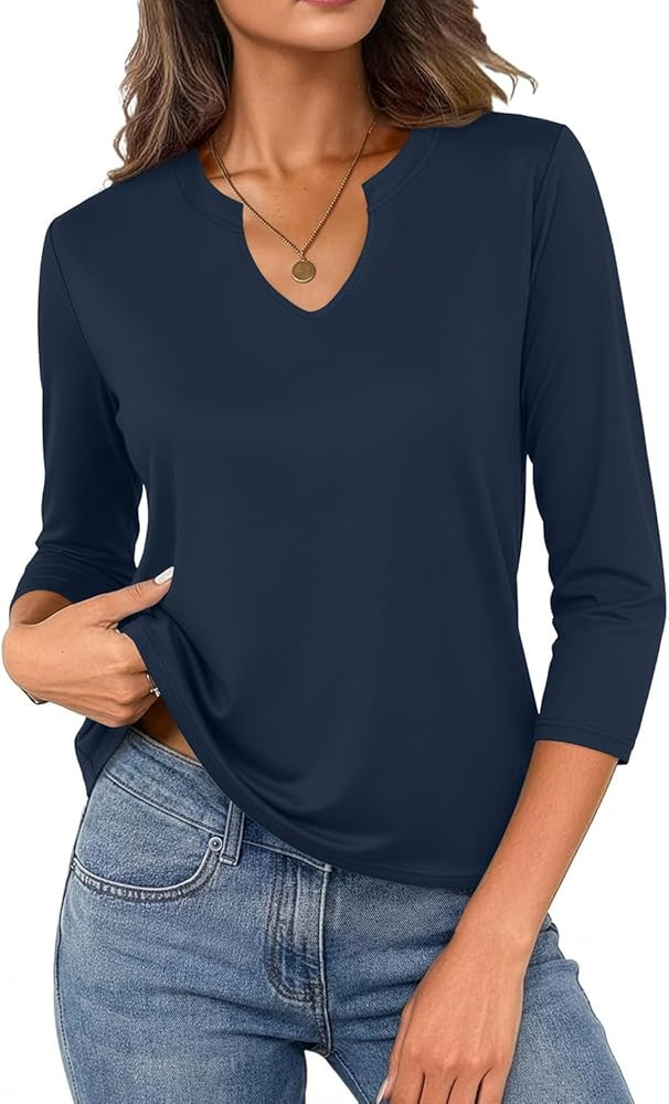 JUSTFASHIONNOW 3/4 Length Sleeve Womens Tops Cotton V Neck T Shirts Basic Casual Tees Blouses | Amazon (US)