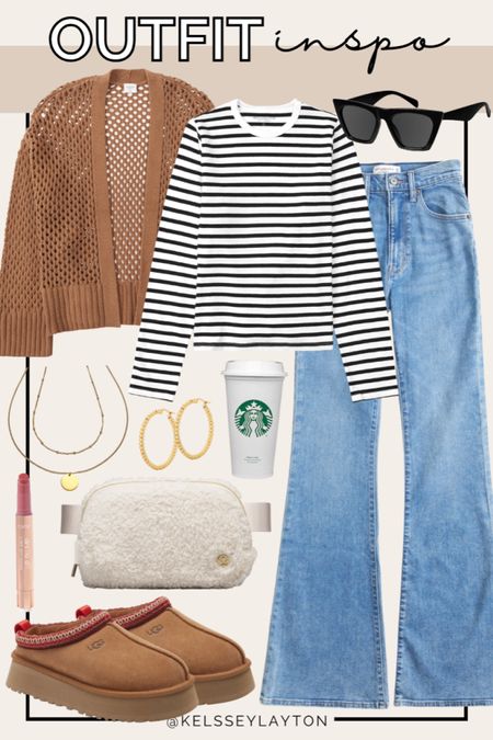 Outfit idea, Abercrombie outfit, black & white stripes, flare jeans, fleece belt bag, Ugg slippers 

#LTKshoecrush #LTKsalealert #LTKSeasonal