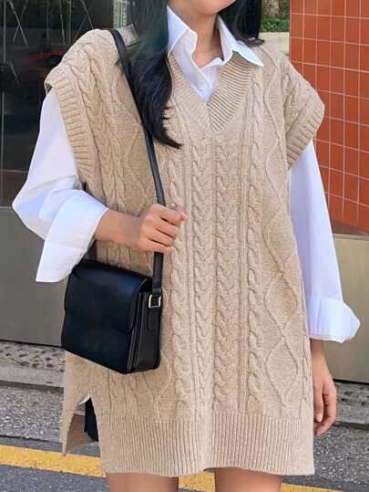 DAZY Split Hem Cable Knit Sweater Vest Without Blouse | SHEIN