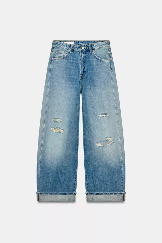 TRF RIPPED FOLDED BAGGY JEANS | Zara US