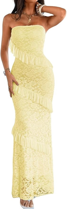 ChiaoLezhee Tube Tiered Maxi Dress, Floral Lace Ruffle Bodycon, Semi Formal Wedding Guest, Vacati... | Amazon (US)