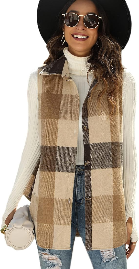 Tanming Women's Plaid Vest Brushed Flannel Sleeveless Shacket Shirt Jacket with Pockets | Amazon (US)