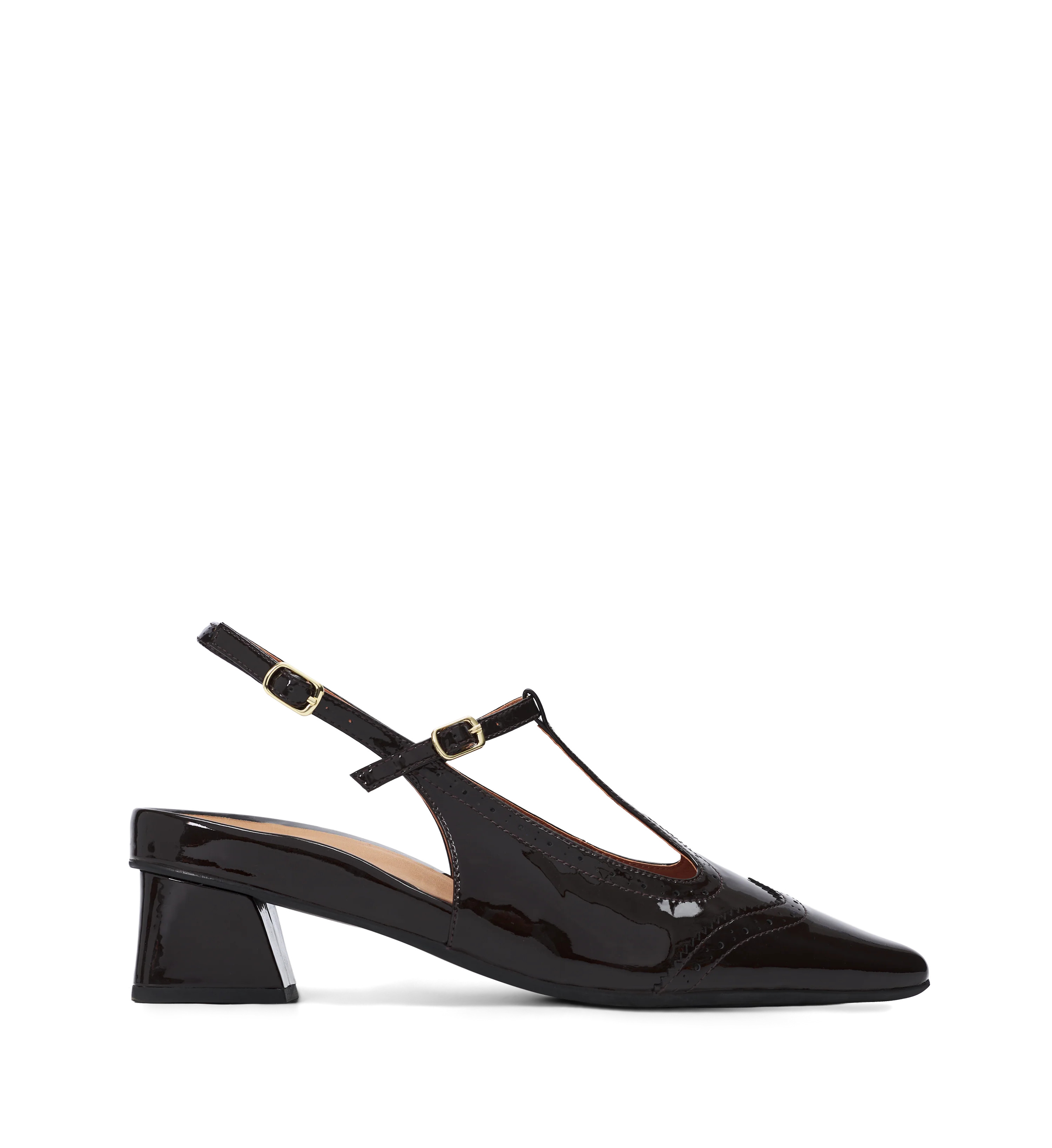 Numida Chocolate Brown Patent Leather & Brogue Detail Low Heels | Bared Footwear | Bared Footwear