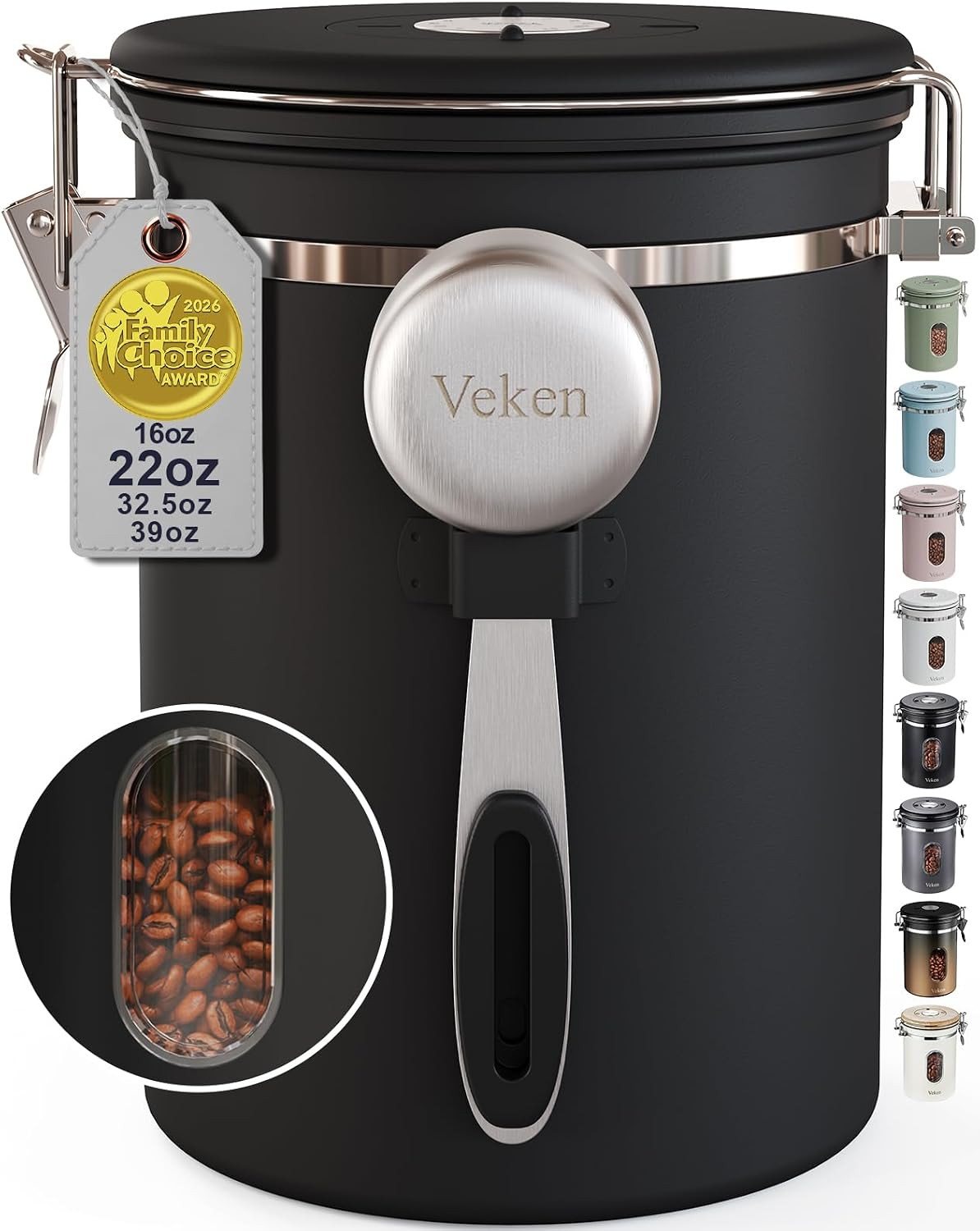 Veken Coffee Canister with Window, Airtight Stainless Steel Container, 22OZ | Amazon (US)