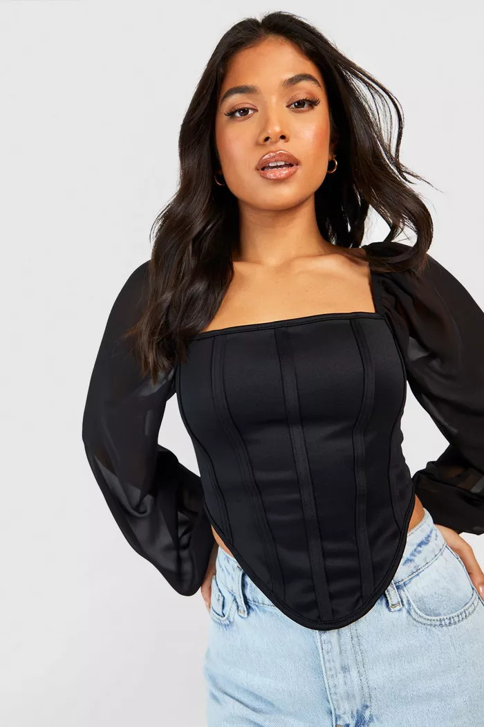 Petite Chiffon Puff Sleeve Dipped Hem Corset Top | boohoo (US & Canada)