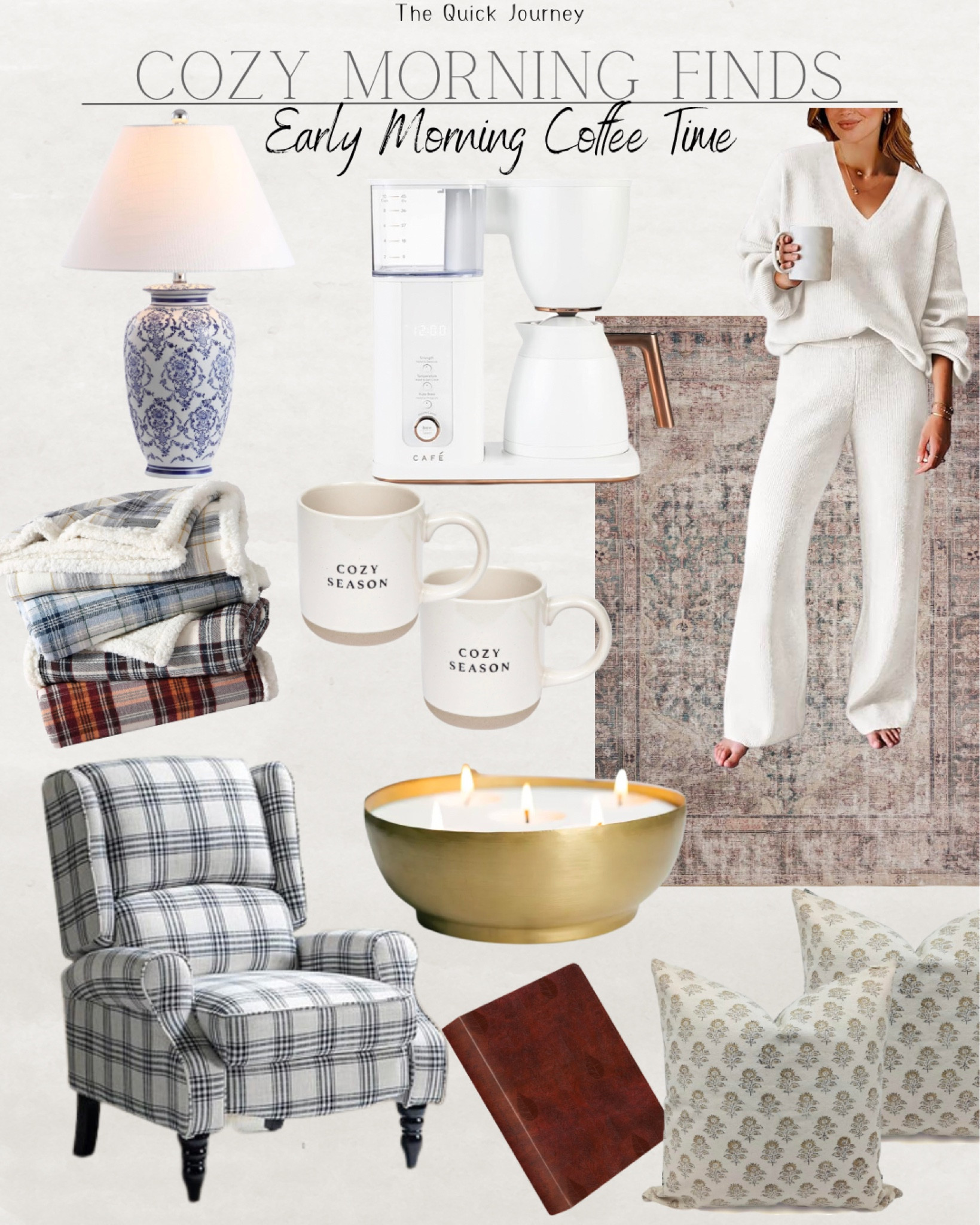 Cozy Fall Mornings, Cozy living room decor, cozy fall loungewear set, fall coffee mug, plaid arm chair, cozy fall blankets, non-toxic candle, brass candle, classy coffee maker

#LTKSeasonal #LTKhome #LTKstyletip
