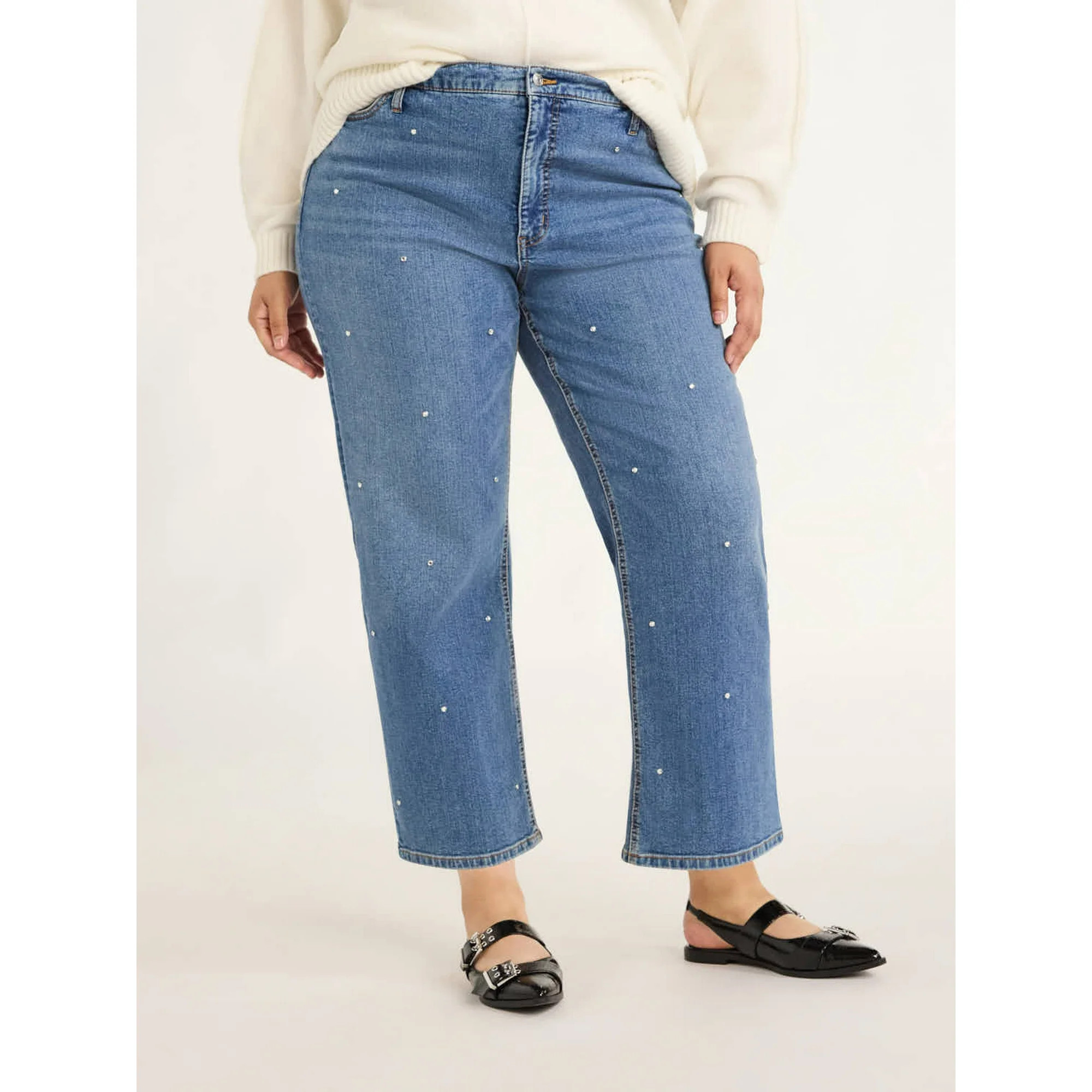 Scoop Women's and Women's Plus Low Slung Cropped Jeans with Rhinestones, 27” Inseam, Sizes 0-28... | Walmart (US)