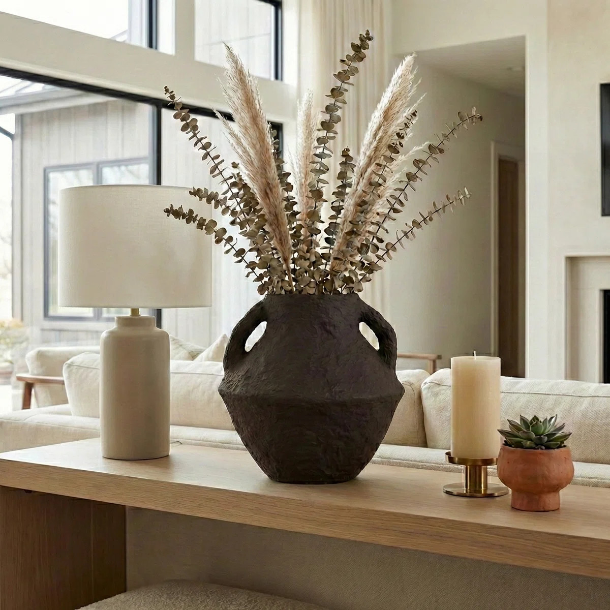 East Urban Home Textured Vase With Handles For Home Decor - Modern Tall Flower Vase For Entryway ... | Wayfair North America