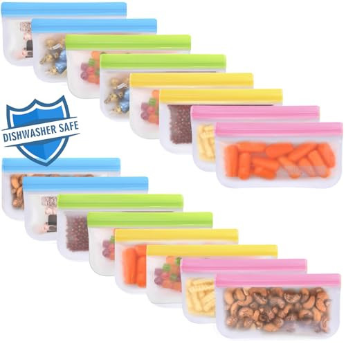 Lerine 16 Pack Reusable Snack Bags Dishwasher Safe, BPA Free Food Storage Bags, Extra Thick Leakproof Reusable Freezer Bags Snack Pouch for Candy, Fruits, Cereal (Multicolor, 16Snack) | Amazon (US)