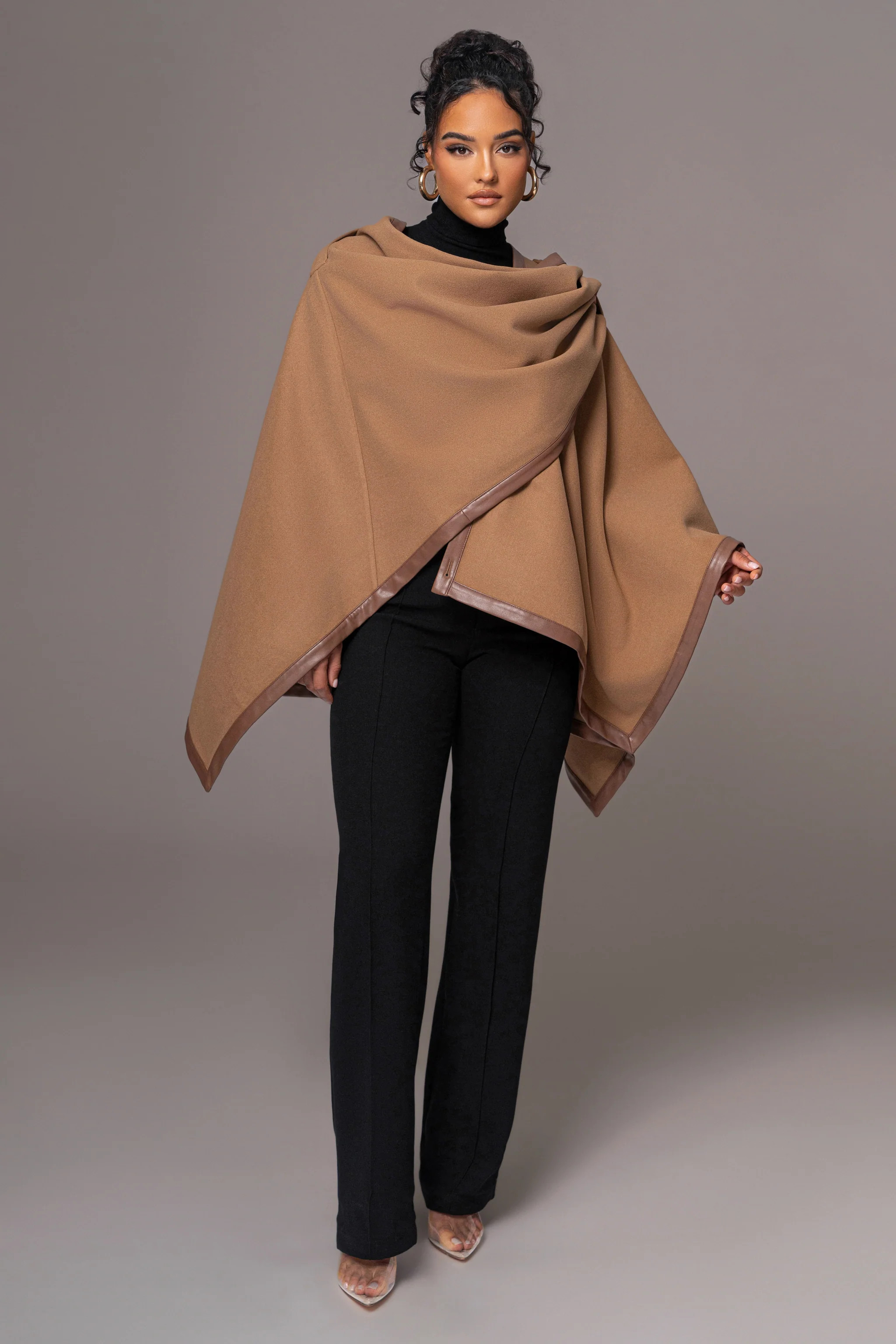 Camel Felt And Faux Leather Shawl | JLUXLABEL