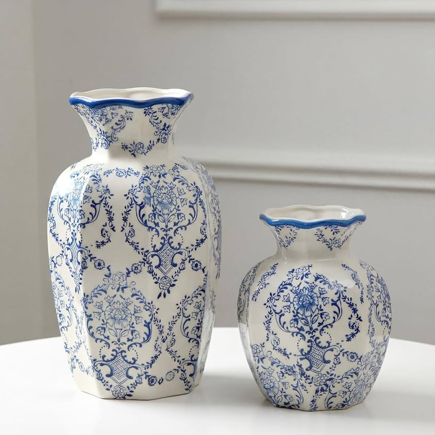 2 Pcs Blue and White Vintage Vase Chinoiserie Floral Vase 9.5'', 6'' Rustic Ceramic Vases for Hom... | Amazon (US)