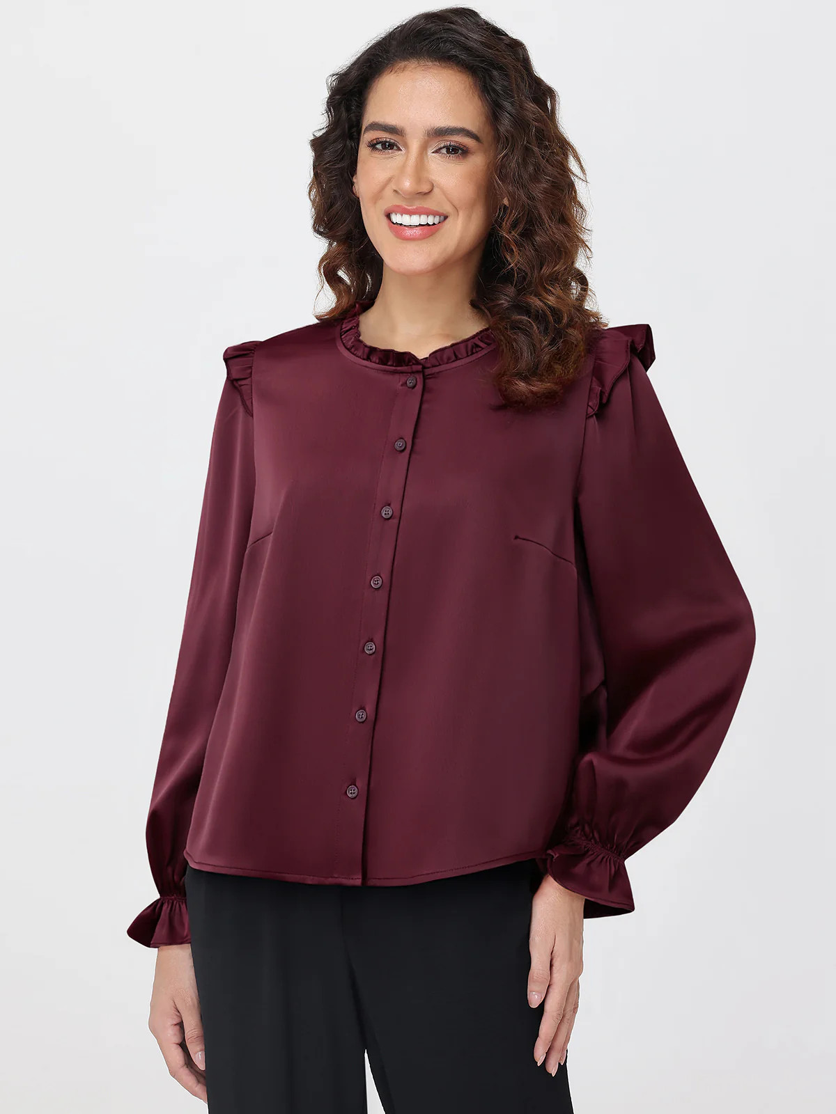 89th & Madison Satin Ruffle Button Front Blouse | 89th + Madison