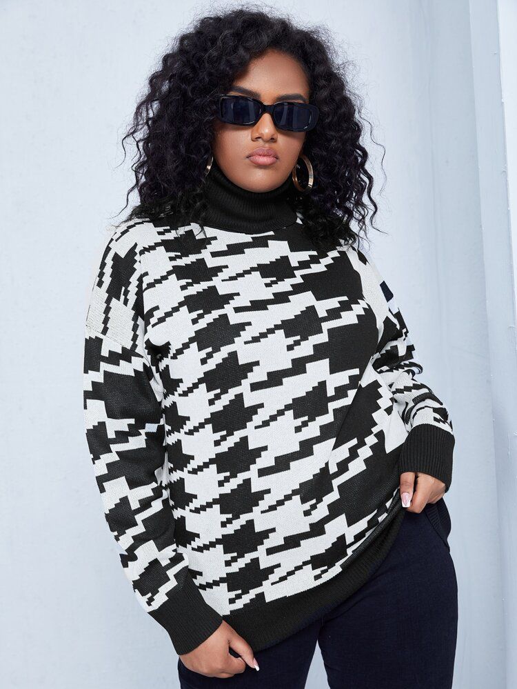 SHEIN Plus High Neck Houndstooth Pattern Sweater | SHEIN