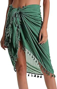 Eicolorte Beach Sarong Pareo Womens Semi-Sheer Swimwear Cover Ups Short Skirt with Tassels | Amazon (US)