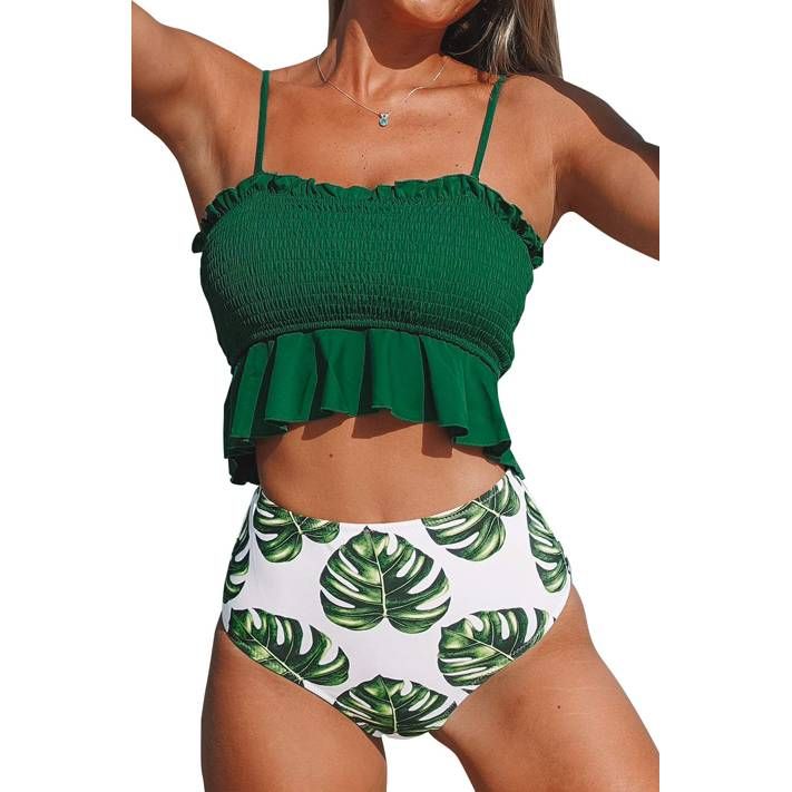 Cupshe Women's Smocked Ruffled High Waisted Bikini Set Swimsuit Green Leafy, M - Walmart.com | Walmart (US)
