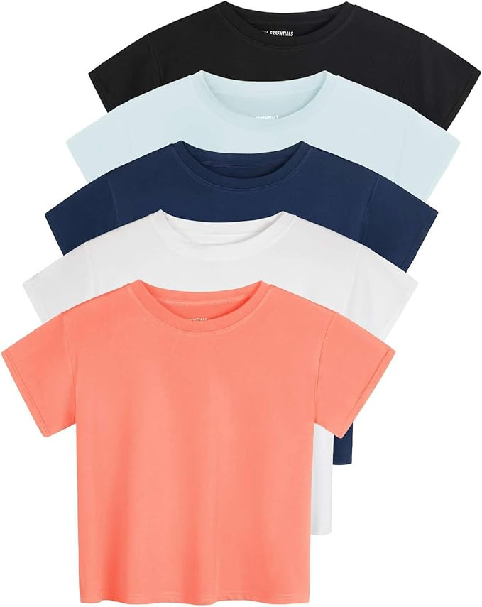Real Essentials 5 Pack: Women's Dry Fit Crop Top - Short Sleeve Crew Neck Stretch Athletic Tee (A... | Amazon (US)