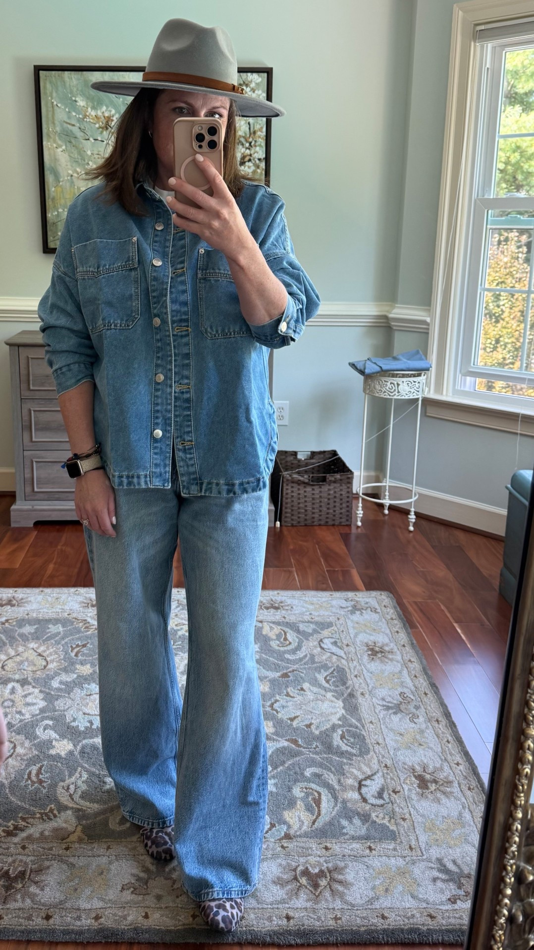 Fall denim on denim look for cool mornings and warmer days. Transition outfit. Hugh waisted wide leg. Denim oversized Jackie. Fav new sunnies linked similar. Animal print and jeans. Ballet mesh flats  