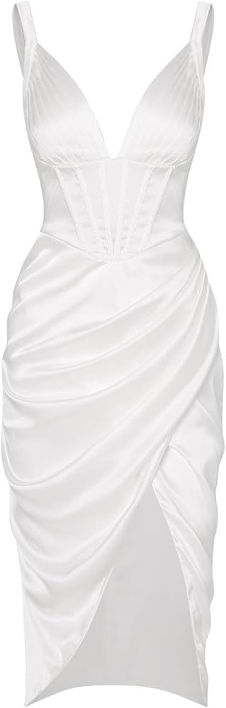 ZAFUL Women's Silky Pleated Draped Bustier Corset-Style Deep V Neck Midi Dress | Amazon (US)