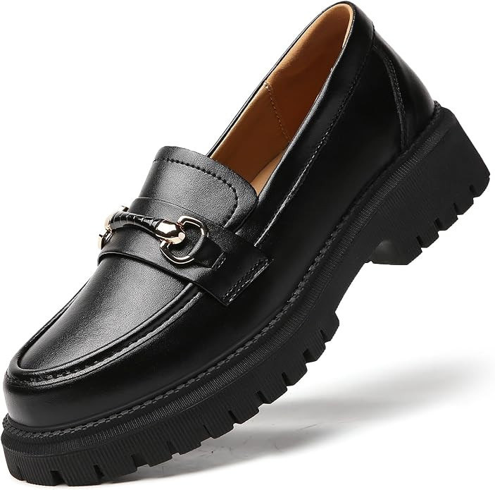 OKJ Women's Black Platform Penny Loafers Flat Office Dress Business Shoes | Amazon (US)