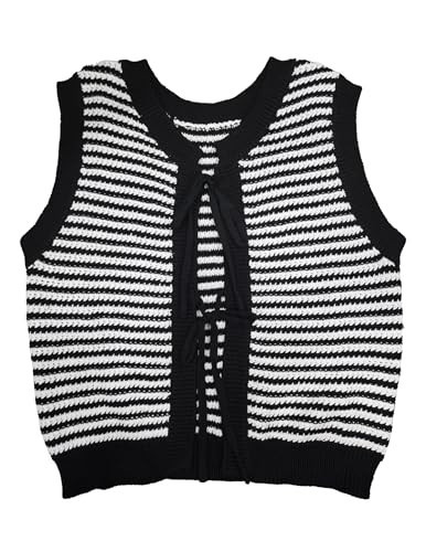 Ziesexy Sweater Vest Women Tie Front Crochet Vest Top Crop Sweater Color Block Striped Knit Vest Black | Amazon (US)