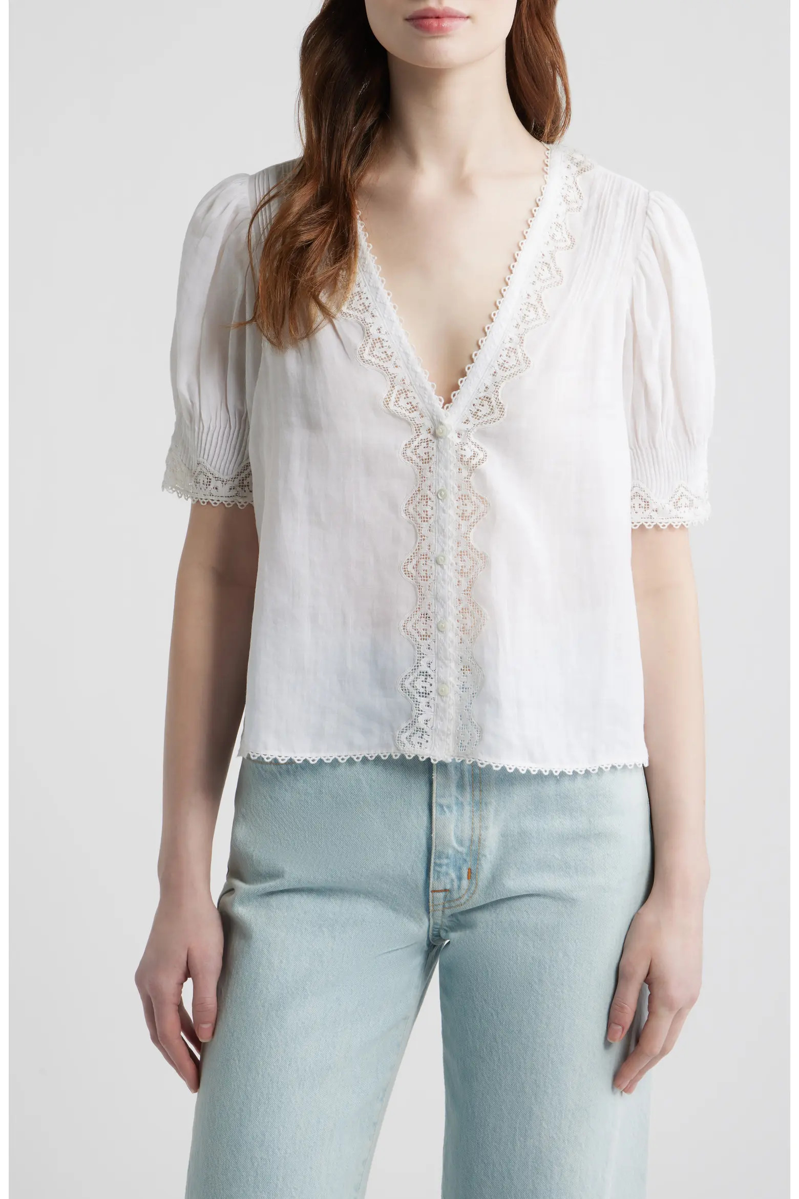 DÔEN Brigitta Lace Trim V-Neck Ramie Top (Women) | Nordstrom | Nordstrom