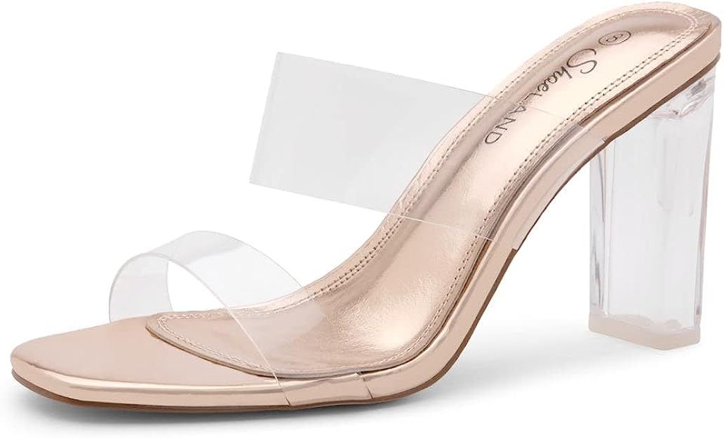 Shoe Land Brienna Women's Clear Heeled Sandals Transparent Strap Chunky Block High Heel Slides | Amazon (US)
