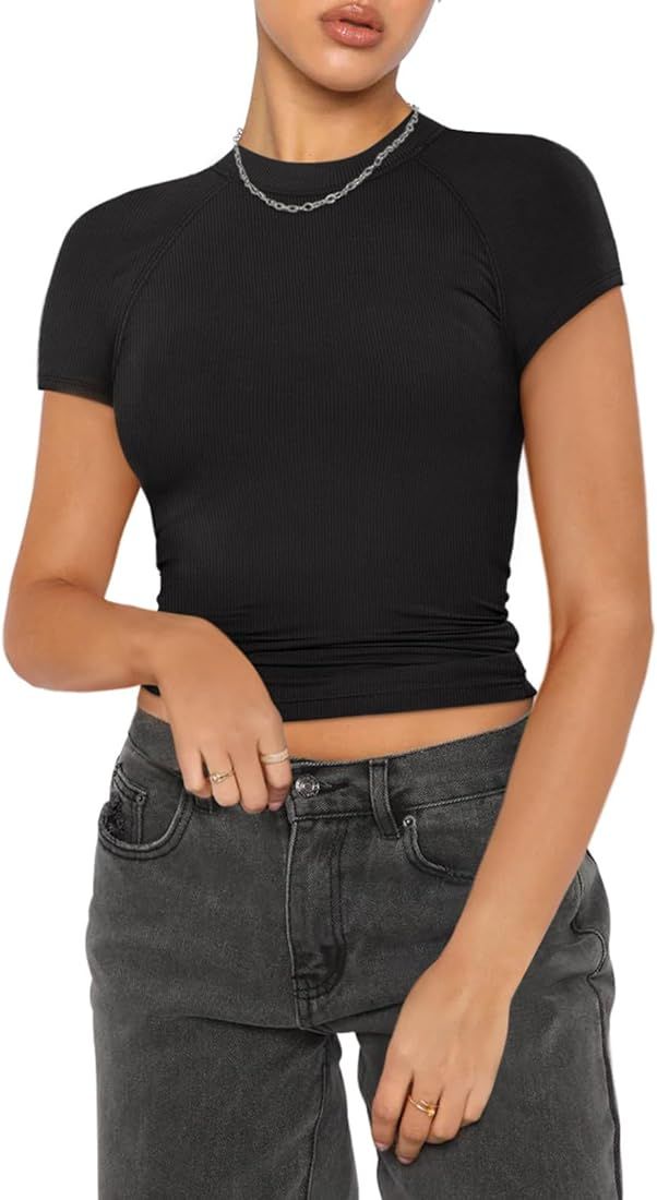 REORIA Women's Summer Casual Mock Neck Short Sleeve Going Out Y2K Tshirts Crop Tops | Amazon (US)