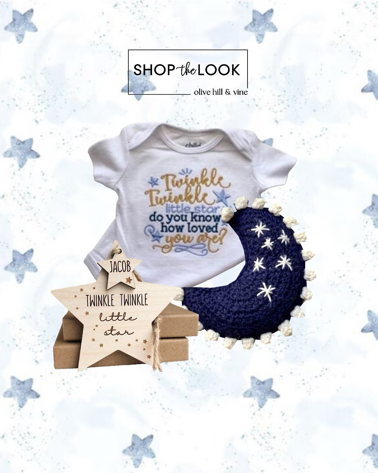 Say hello to sweet dreams with this Twinkle Twinkle Little Gift set! Featuring a charming dark blue crochet moon rattle with stitched stars, a personalized wooden star perfect for decor or as a tag, and a cozy "Twinkle Twinkle Little Star" onesie. A thoughtful bundle for any little one's nursery. Get this for your next baby shower! 

#LTKGiftGuide #LTKBaby #LTKBump
