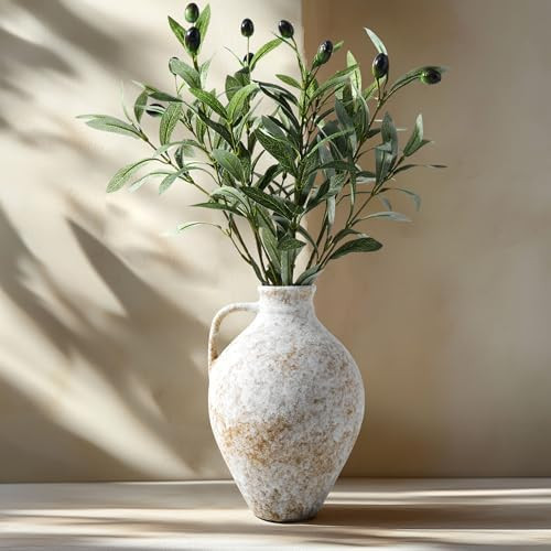Vintage Ceramic Vase with Fake Olive Branches, Farmhouse White Vase with 2Pcs Faux Olive Plant Gr... | Amazon (US)