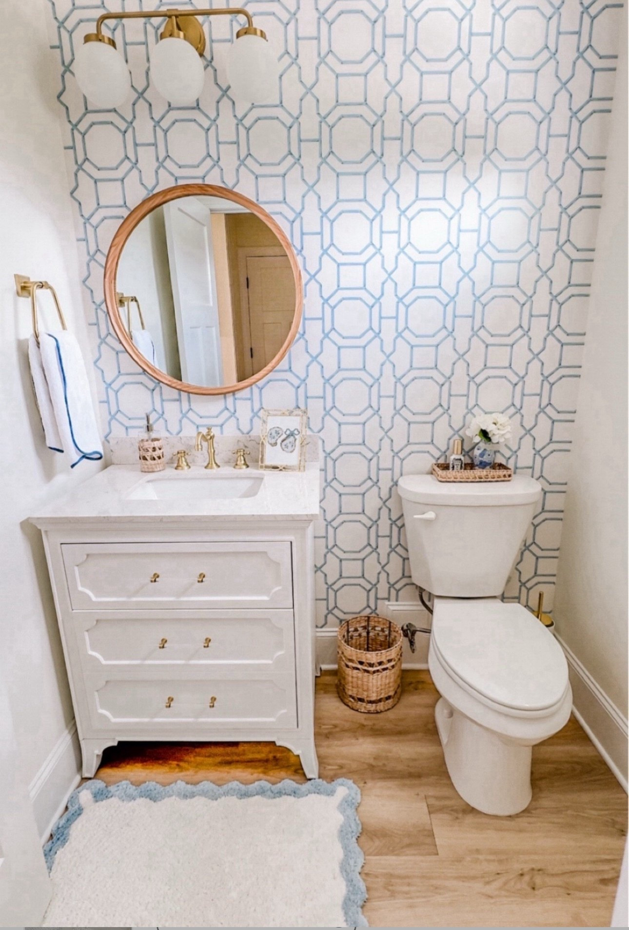 Powder Bathroom Details💙 half bathroom, powder bathroom, coastal grandmother, coastal grandma, coastal decor, coastal design, coastal aesthetic, coastal home, coastal style, neutral style, preppy style, grand millennial, Amazon home finds, gold accents, affordable home trends. 

#LTKHome #LTKFindsUnder50 #LTKParties