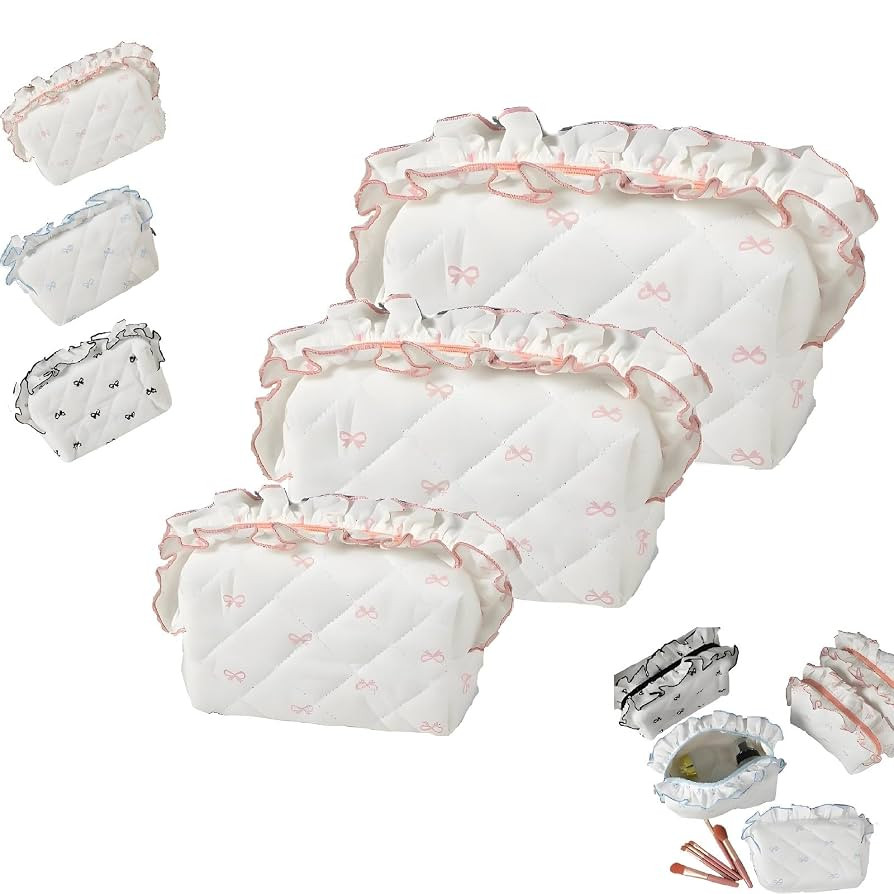 3pcs Ruffle Pouch Bag, Portable Mini Bow Quilted Cosmetic Bag,Ruffle Cosmetic Toiletry Bags for T... | Amazon (CA)
