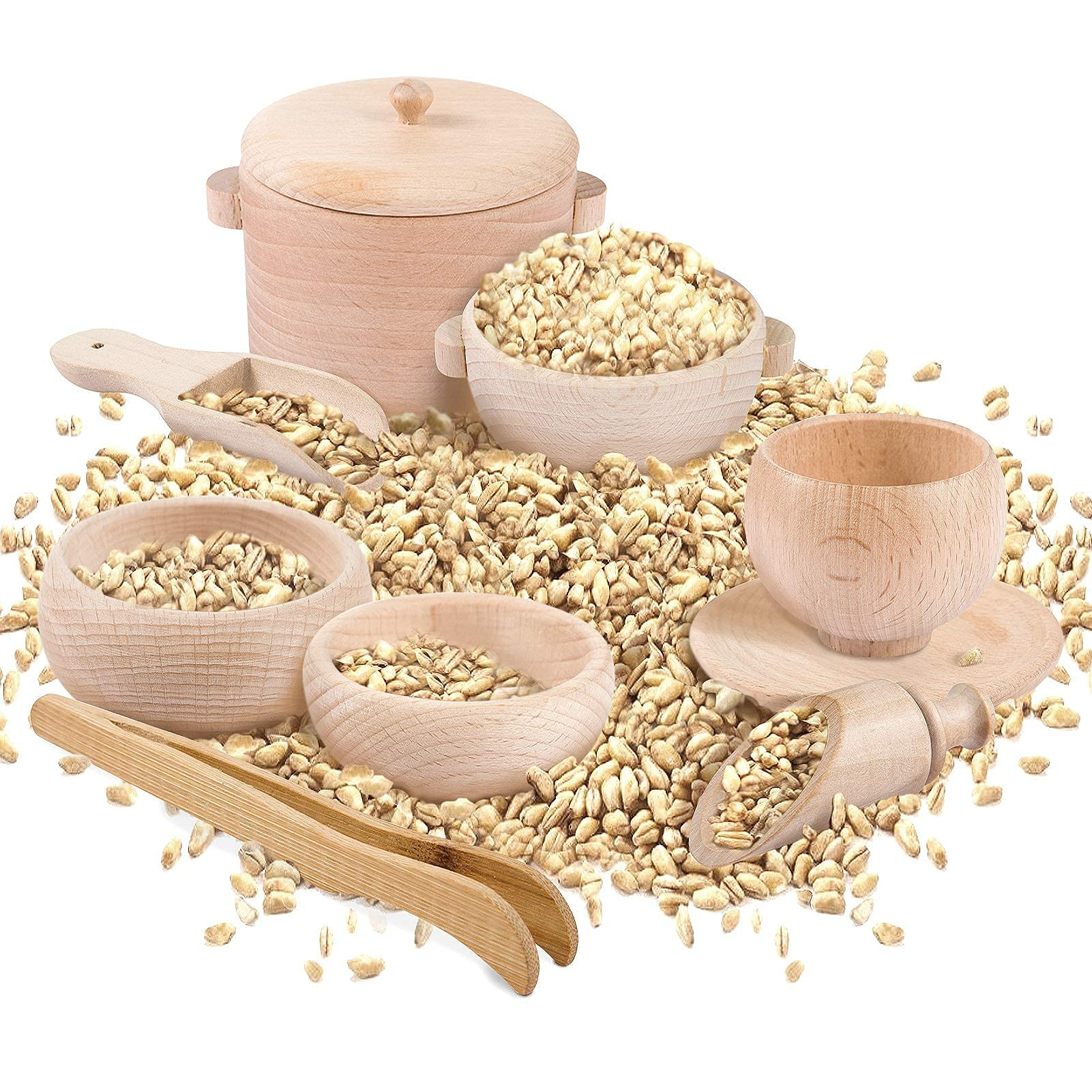 Set of 8 Toddlers Montessori Sensory Bin Tools- Wooden Waldorf Toys Dish Scoops and Tongs Set Educat | Amazon (US)