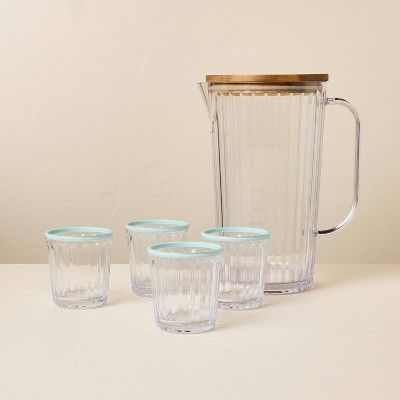 6pc Ribbed Plastic Pitcher and Tumbler Serving Set Clear/Light Blue - Hearth & Hand™ with Magno... | Target