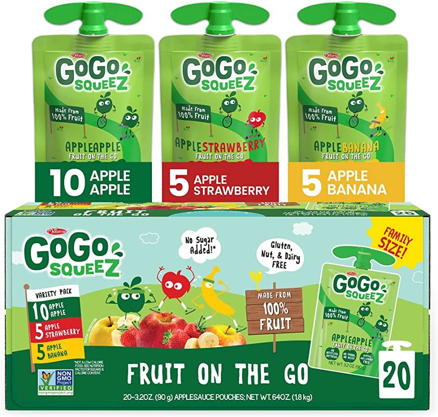 GoGo squeeZ Fruit on the Go Variety Pack, Apple, Banana & Strawberry, 3.2 oz (Pack of 20), Unsweeten | Amazon (US)
