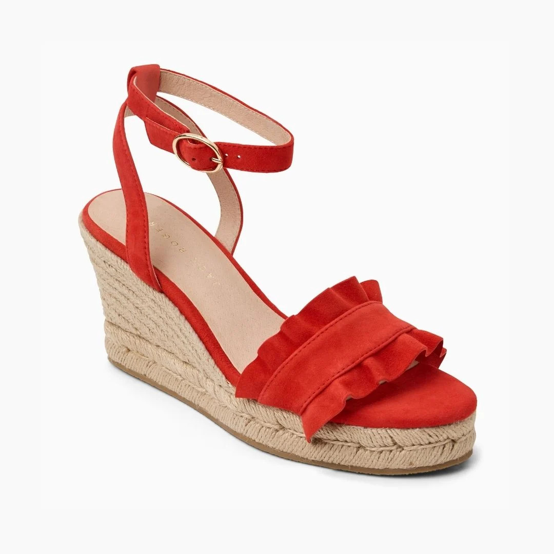 Jack Rogers Rozette Wedge Heels — Fire Red Suede | Jack Rogers